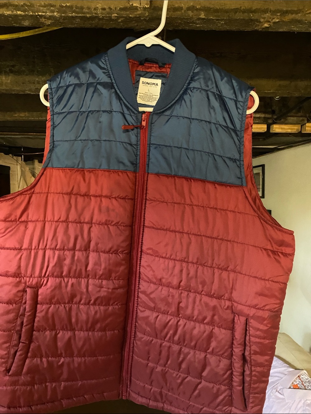 SONOMA Red Quilted Puffer Vest with Blue Yoke